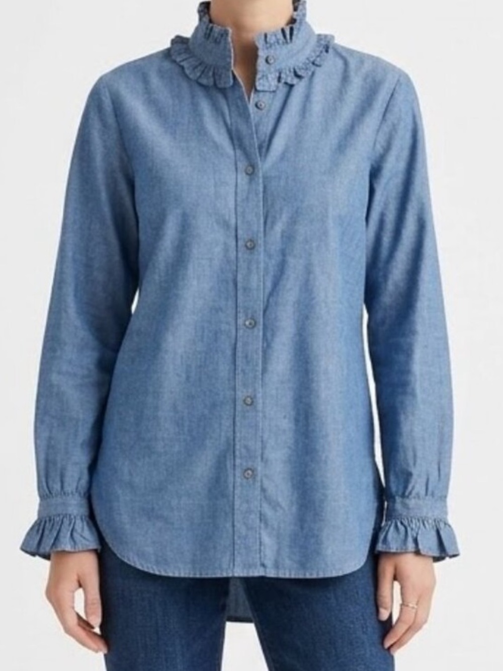 J. CREW Classic Chambray Ruffle Button Front Shirt Size 6